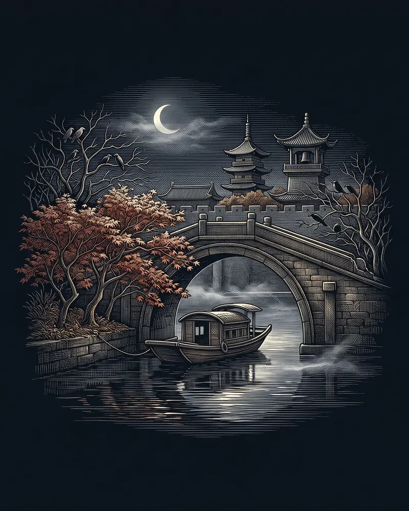 楓橋夜泊, 張繼: wood-engraving plate