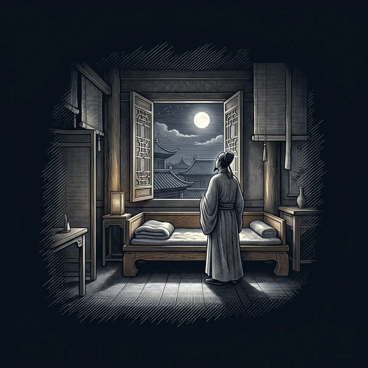靜夜思 by 李白, wood-engraving cover